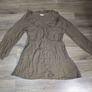 Rebellion Womens Large Tunic Top Olive Green Ruffle V-Neck Button Front Rayon